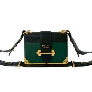 PRADA Cahier Logo Gold Hardware Saffiano Calf Leather Shoulder Bag Green Blac...